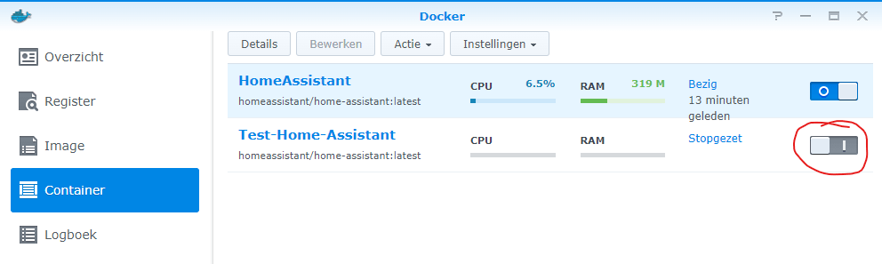 Home Assistant docker container stoppen