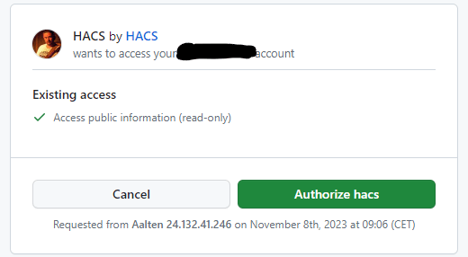 HACS Github authorize