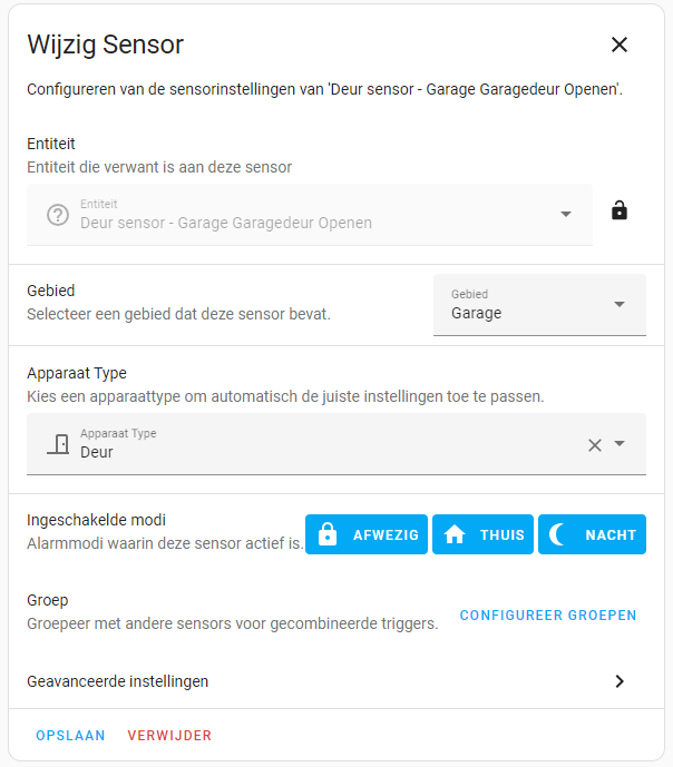 Home Assistant Alarmo Wijzig Sensor